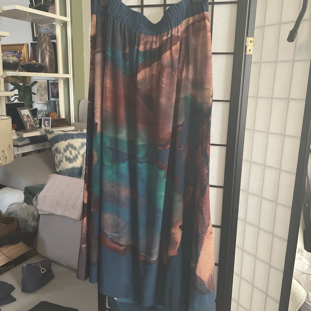 Poetry Multicolor Abstract Maxi Silk Skirt - Teal, Rust - Picture 2 of 4